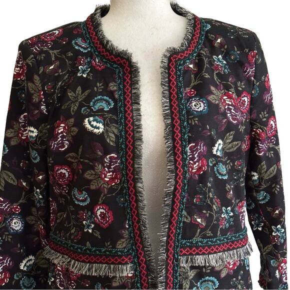 Loft Outlet Black Floral Fringe Embroidered 3/4 Sleeve Open Front Blazer Size 8 - Picture 3 of 12